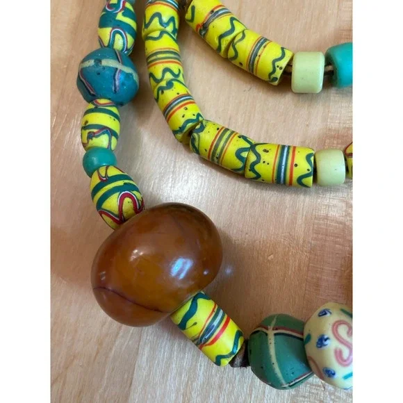 Vintage African Trade Bead Necklace Faux Amber Millefiori Glass Ethnic Bohemian - Picture 6 of 12
